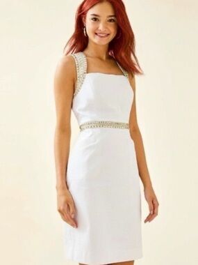 Lilly Pulitzer Dana Stretch White Shift Dress, Size2 Embroidery/Sequins